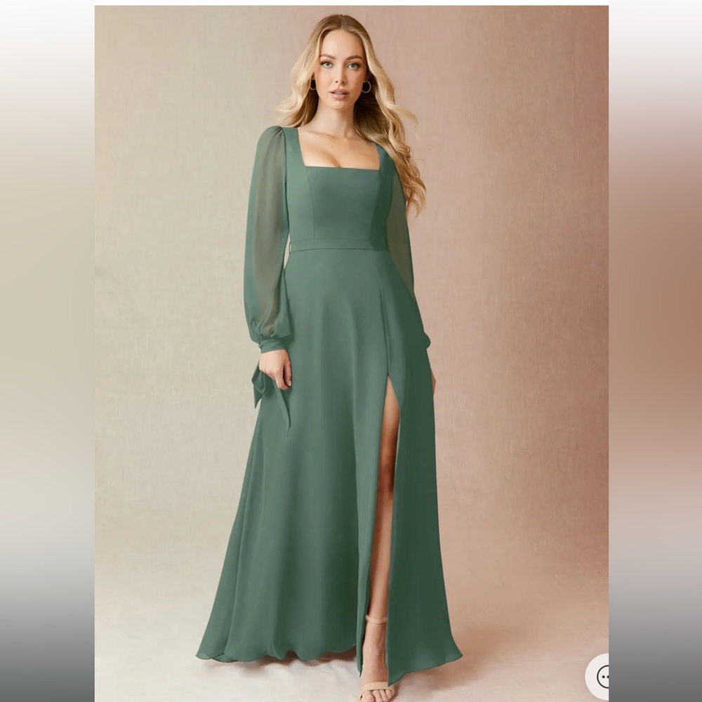 AZAZIE LEONIA Eucalyptus A-Line Long Sleeve Chiffon Bridesmaid Dress